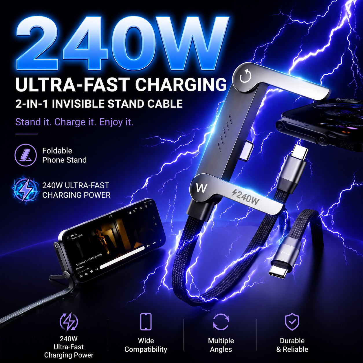 Official Authorized | 2-in-1 Invisible Holder Charger Cable - 240W Fast Charging Cord with Built-In Phone Stand（副本）