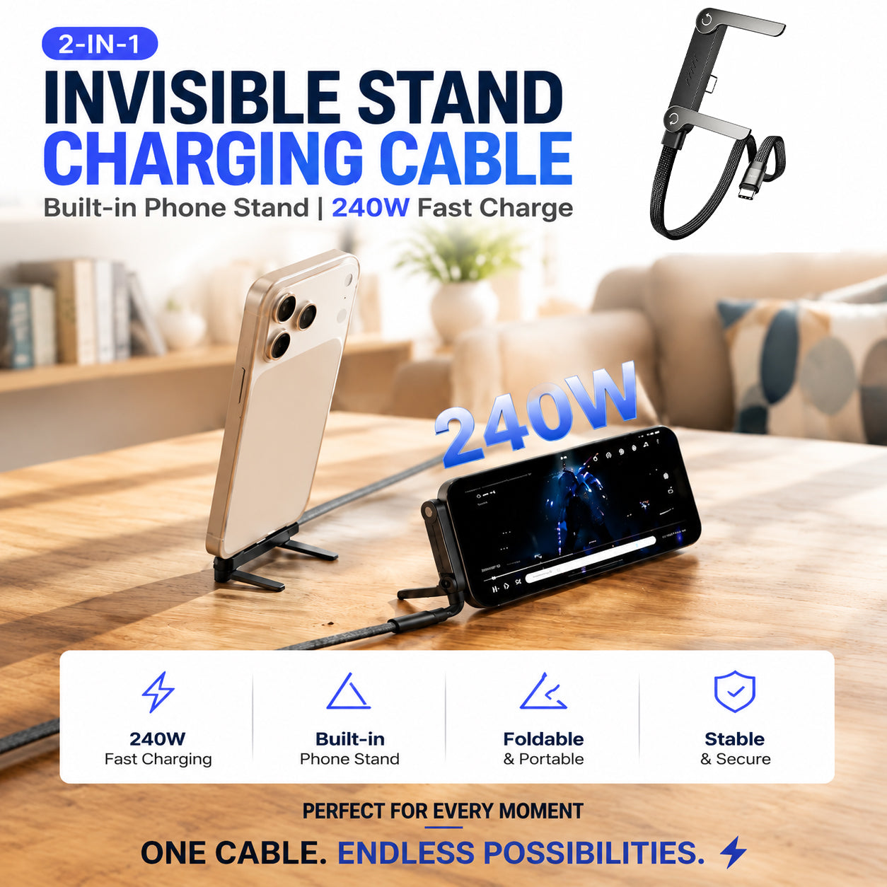 Official Authorized | 2-in-1 Invisible Holder Charger Cable - 240W Fast Charging Cord with Built-In Phone Stand（副本）